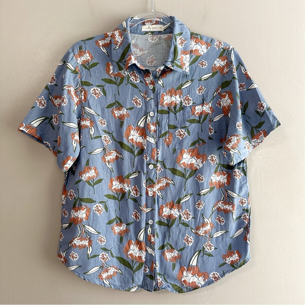 Molly Green Blue Orange White Floral Button Front Vacay Camp Shirt Womens Small